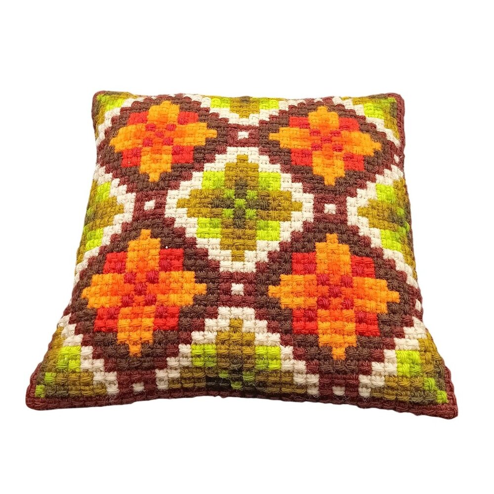 Hand-Stitched Vintage Geometric Needlepoint Throw Pillow - Multi-Color Cushion